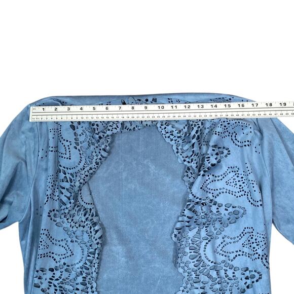 Alberto Makali Light Blue Faux Suede Laser Cut Waterfall Flyaway Cardigan SZ L - Picture 10 of 13